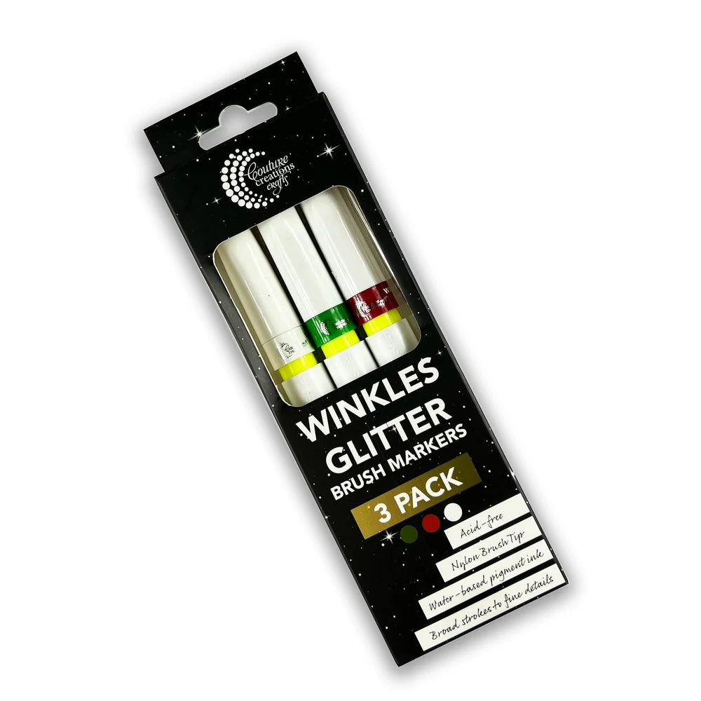Winkles FESTIVE TRIO PACK Glitter Brush Marker - Festive Green/Festive Red/White Snow