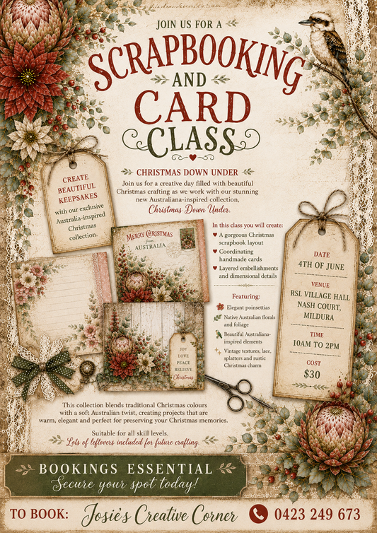 Scrapbooking and card class flyer with decorative elements and text.