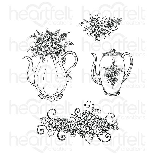 Elegant Teapot & Florals Cling Stamp Set and Die COMBO