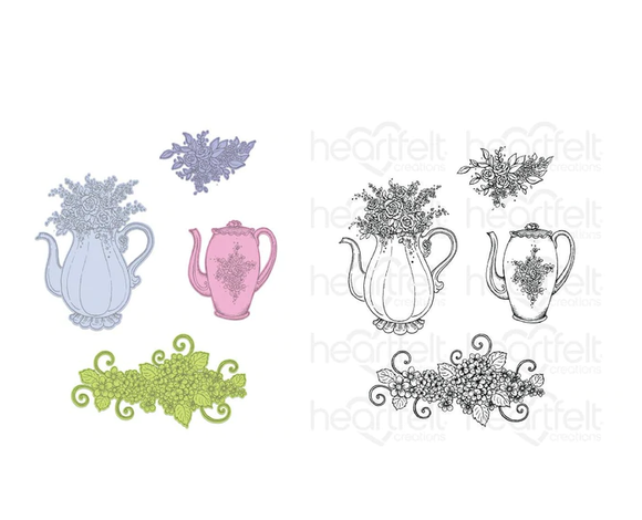 Elegant Teapot & Florals Cling Stamp Set and Die COMBO